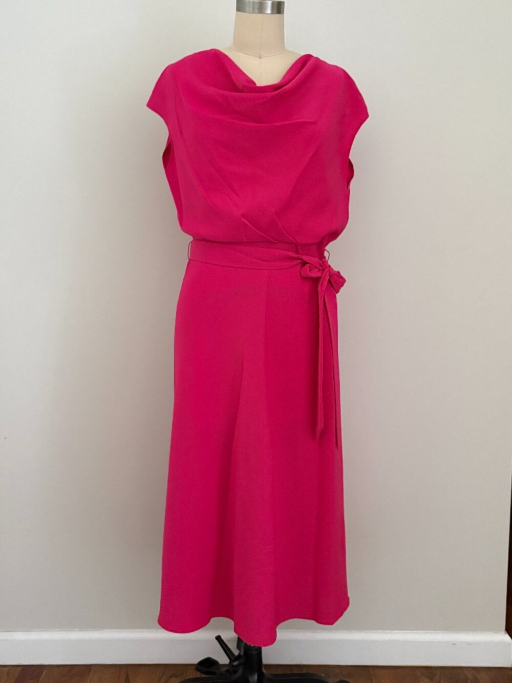 DKNY Fuchsia Pink Cowl Neck Midi Dress Belt Barbiecore Romantic Coquette Chic 6